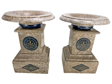 Antique Pair of Marble Inlay Urns