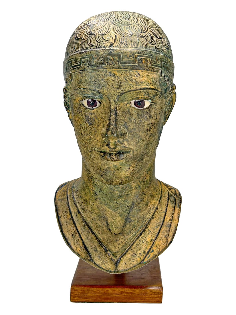Hnioxos Charioteer of Delph Replica Bust: Hnioxos Charioteer of Delph Replica Bust, Probably made in Terracotta. 9 3/4 x 4 3/4 x 4 1/2 in.Local Pick up call one day before to make an appointment. TO SHIP THIS ITEM IN USA OR INTERNATIONAL, PLE