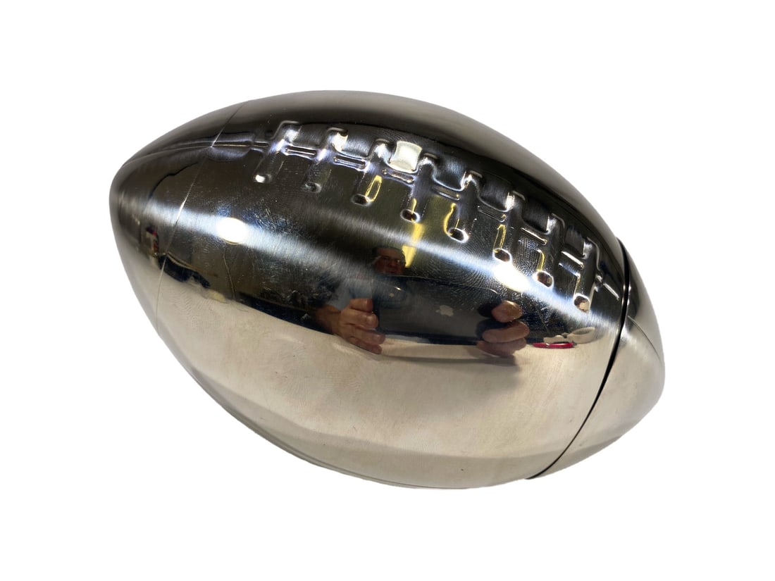 Football Chrome Martini Cocktail Shaker: Football Ball Chrome Martini Cocktail Shaker. 5 3/4 x 3 1/2 in.Local Pick up call one day before to make an appointment. TO SHIP THIS ITEM IN USA OR INTERNATIONAL, PLEASE CONTACT THE SHIPPERS : 1) UPS