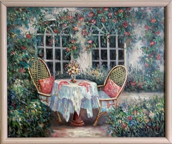 Signed WALKER Oil on Board Patio Painting