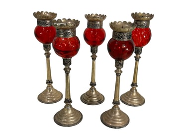 5 Vintage Glass & Metal Candle Holders