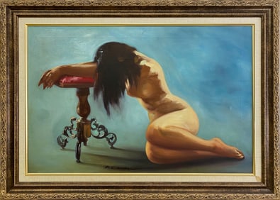 Signed WONG Nude Oil on Canvas Painting