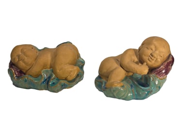 Chinese Pair of Babies Sleeping Terracotta Fig