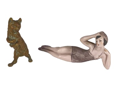 Vienna Bronze Cat & German Porcelain Girl Fig