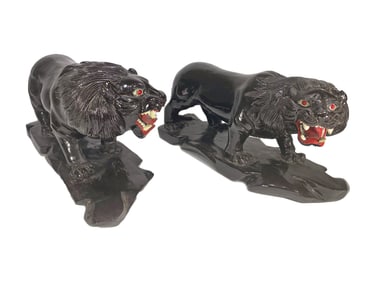 Pair of Lions Wood Sculptures