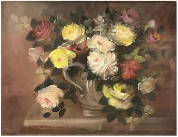 Vintage Oil on Canvas Flowers Painting, signed
