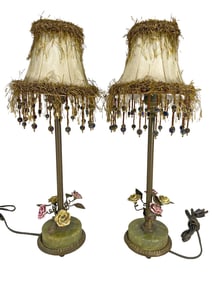 Antique Pair of Bronze, Onyx & Porcelain Table Lamps