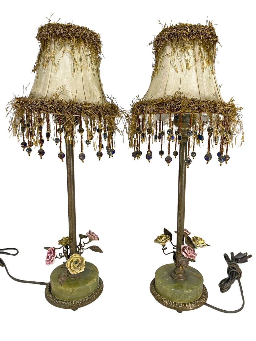 Antique Pair of Bronze, Onyx & Porcelain Table Lamps: Antique Pair of Bronze, Onyx & Porcelain Table Lamps. 18 x 5 1/4 in.Age & Used Condition, maybe needs rewired. Local Pick up call one day before to make an appointment. TO SHIP THIS ITEM IN USA OR INT