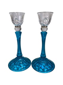Vintage Steuben Style Blue & Clear Glass Candle Holders
