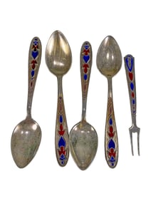 Antique Russian 875 Enameled Silver Spoons & Fork