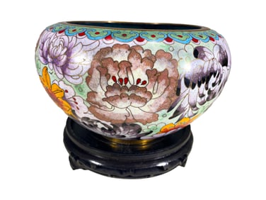 Vintage Chinese Cloisonne Bowl & Wood Base