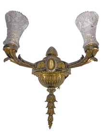 Antique Large Bronze, Abalone & Glass Wall Sconce