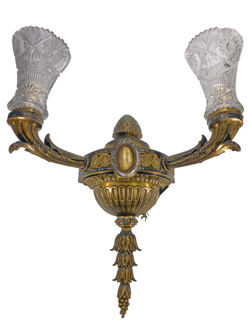 Antique Large Bronze, Abalone & Glass Wall Sconce (1 of 9)