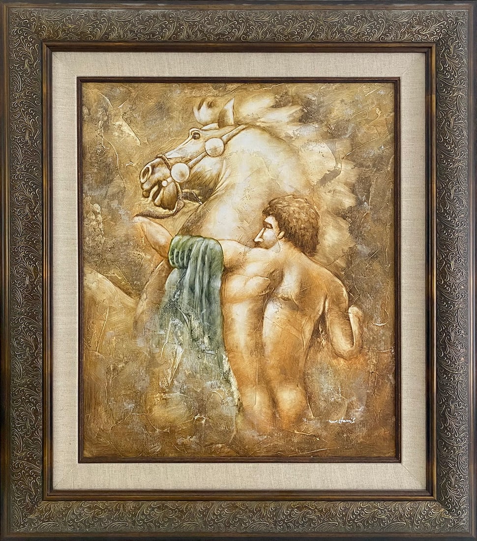 Signed W. HARRIS Man & Horse Oil on Canvas: Signed W. HARRIS Man & Horse Oil on Canvas. 34 3/8 x 30 3/8 x 1 1/4 in framed.Good condition. Local Pick up call one day before to make an appointment. TO SHIP THIS ITEM IN USA OR INTERNATIONAL, PLEAS