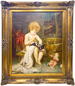 Child with Cat Oil on Canvas Painting, signed