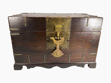 Antique Chinese Oak Wood & Bronze Box