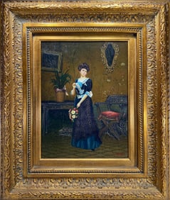 European Oil on Wood Woman Painting, signed