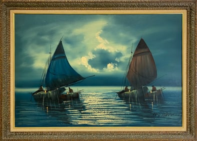 Vintage Oil on Canvas Boats Painting, signed