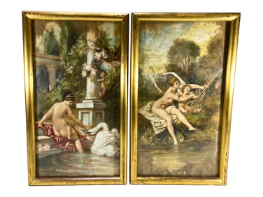 Pair of 19th C Oil on Silk Paintings