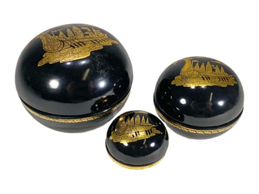 3 Round Black Lacquer Boxes in 1