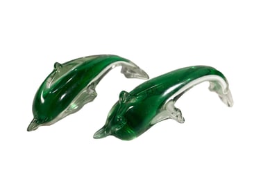 2 Green Murano Glass Dolphins Fig