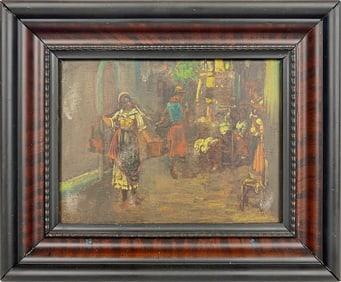 Antique European oil on wood painting, illegible signature