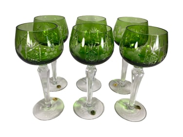 Set of 6 Polish Green Crystal Wine Glasses