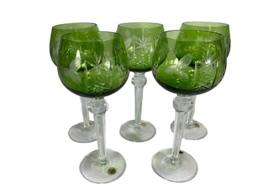Set of 5 Polish Green Crystal Wine Glasses