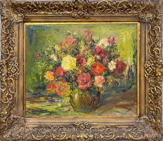 Vintage Flower vase Oil on Board Painting, signed
