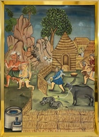 Antique Asian Oil on Canvas Painting