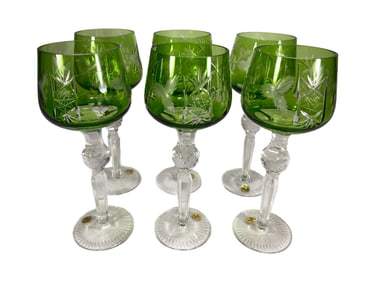 Set of 6 Polish Green Crystal Wine Glasses
