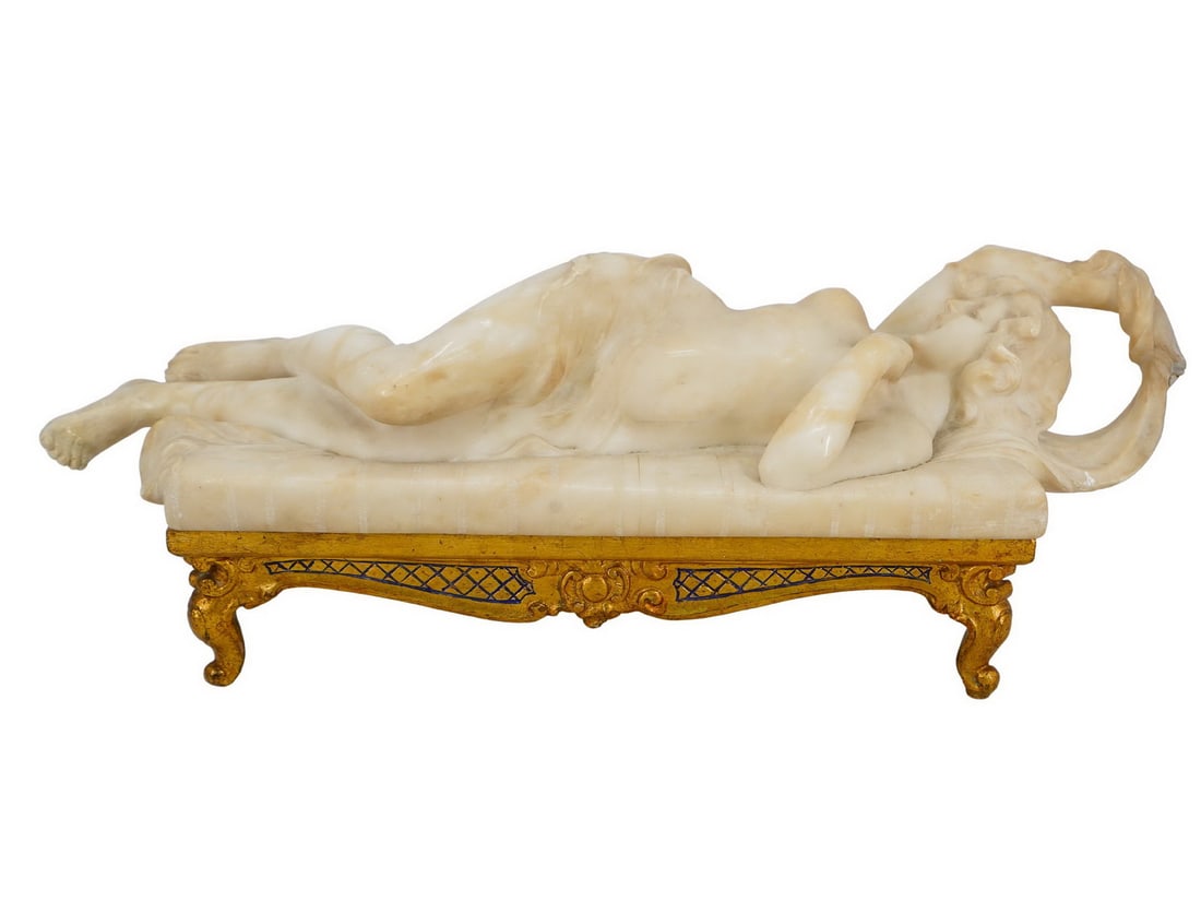 Antique Alabaster & Wood Reclined Nude Woman Sculpture: Antique Alabaster & Wood Reclined Nude Woman. 8 x 6 3/4 x 23 1/2 in. Weight: 21.6 pounds. SculptureSmall chips & foot restored. Local Pick up call one day before to make an appointment. TO SHIP THIS I