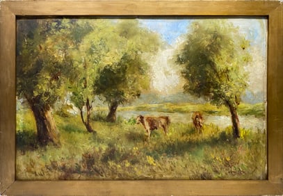 Antique Oil on Board Landscape, Illegible Signature