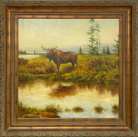 Oil on Canvas Moose Painting, signed