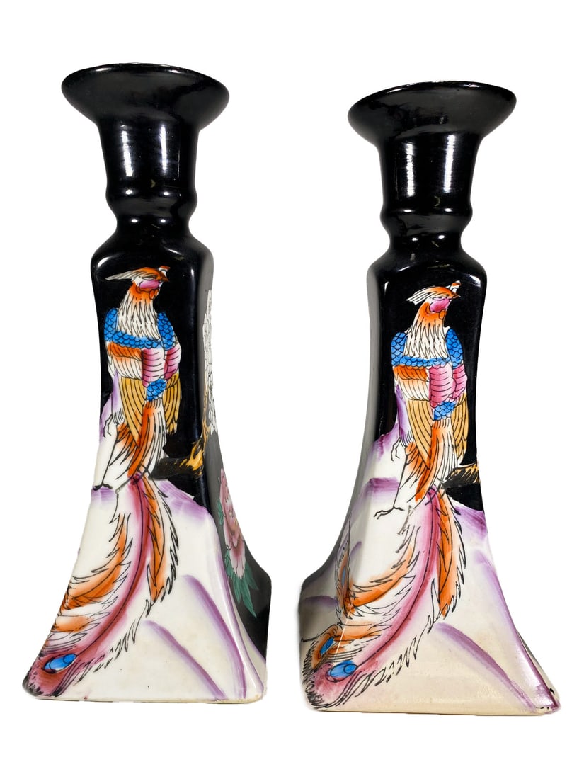 Pair of Oriental Peacock Porcelain Candle Holders: Pair of Oriental Peacock Porcelain Candle Holders. 8 3/4 x 3 1/2 x 3 1/2 in and 8 1/2 x 3 3/4 x 3 3/4 in.Good condition. Local Pick up call one day before to make an appointment. TO SHIP THIS ITEM IN 