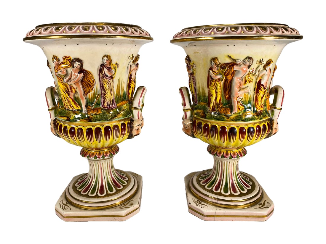 Capodimonti Style, Italy Pair of Porcelain Urns: Capodimonti Style, Italy Pair of Porcelain Urns. 10 1/8 x 6 5/8 in.One hairline on the base.Local Pick up call one day before to make an appointment. TO SHIP THIS ITEM IN USA OR INTERNATIONAL, PLEASE