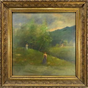 Antique European Oil on Cardboard, Illegible Signature