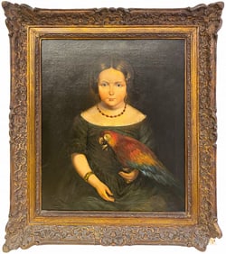19th C European Woman & Parrot Oil on Canvas