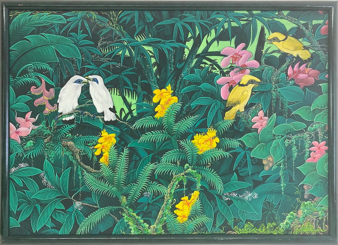 Signed Balinese Ubud Style Oil on Canvas: Signed Balinese Ubud Style Oil on Canvas. 30 x 41 3/4 x1 1/8 in framed.Good condition. Local Pick up call one day before to make an appointment. TO SHIP THIS ITEM IN USA OR INTERNATIONAL, PLEASE CONTA