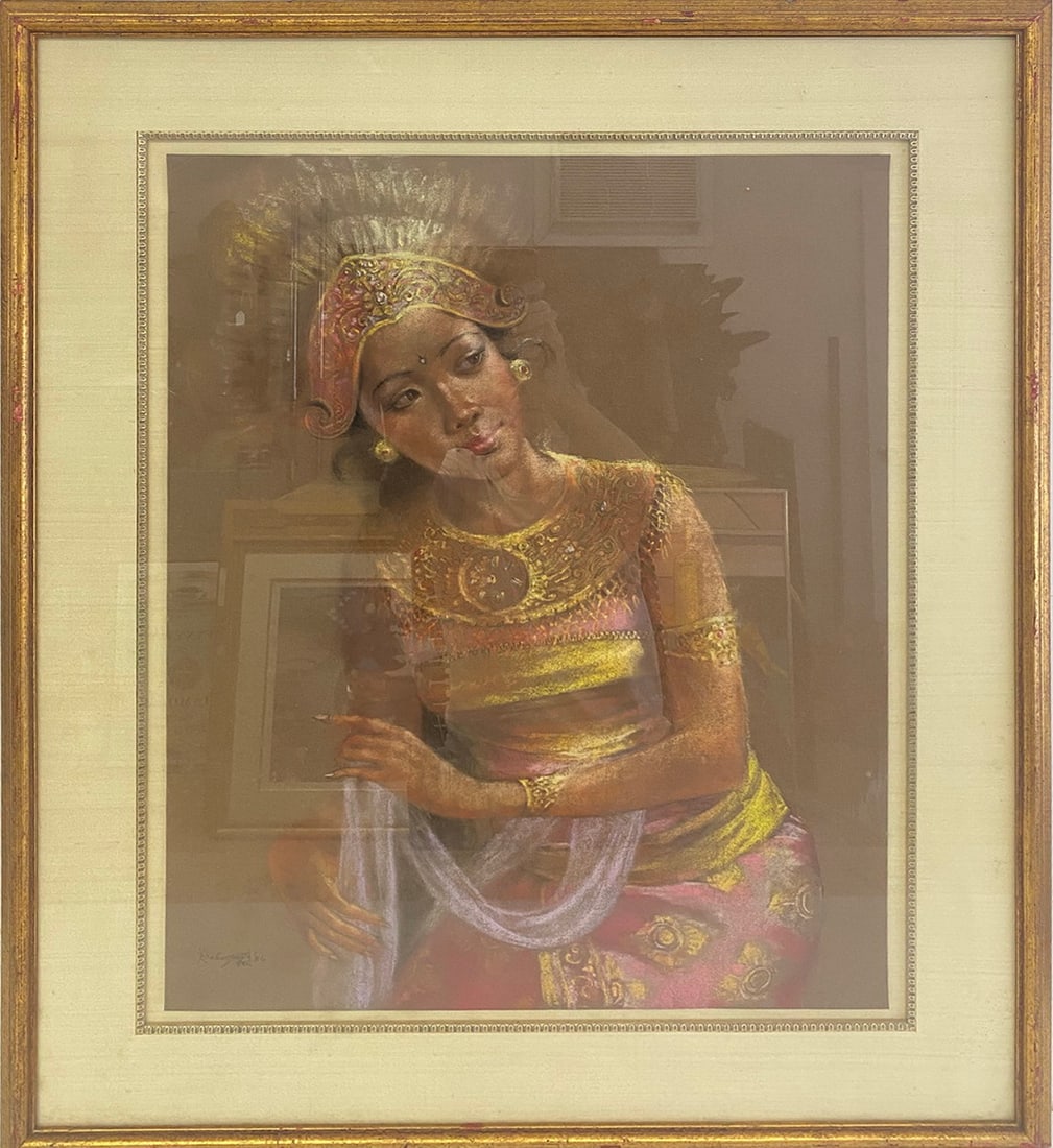 1986 Balinese School Pastel on Paper, signed: 1986 Balinese School Pastel on Paper, signed. 34 1/2 x 28 3/4 x 1 1/8 in framed. 25 1/2 x 19 1/2 in unframed.Good condition. Local Pick up call one day before to make an appointment. TO SHIP THIS ITEM