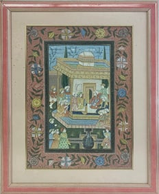 Vintage Indian Mughal Court Scene Painted on Silk