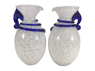 Pair of Murano Style White & Blue Spiral Vases