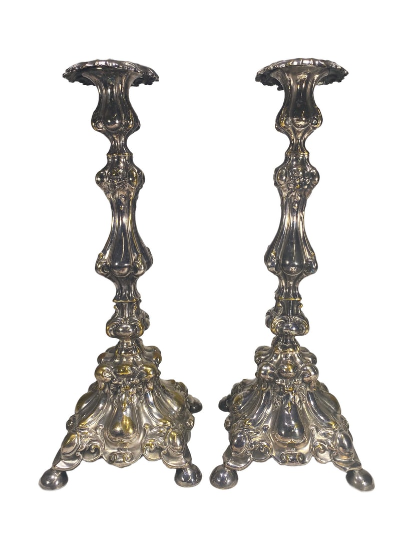 Marked M. Jarra, Polish Sabbath Pair of Silverplate Candlesticks (1 of 8)
