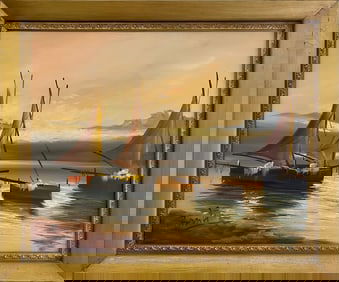 Vintage Oil on Canvas Ships Painting, signed