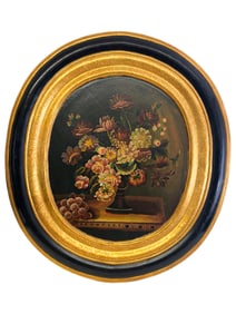 Still Life Oval Oil on Wood Painting