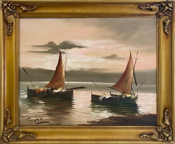 Vintage Oil on Canvas Ships Painting, signed