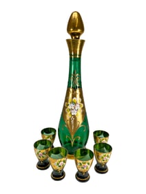 Vintage Bohemian Czech Green Glass & Gold Bottle & 5 Goblets