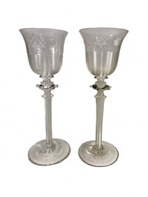 2 Vintage Masonic Etched & Long Stem Glasses