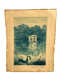 Vintage Signed E. Figal Swan Aquatint or Litho