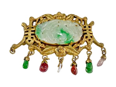Vintage Jade & Other Stones Gild Brooche